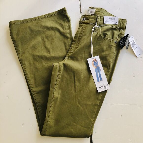 RE GENERATION WOMEN'S JEANS CARPENTER FLARE MID RISE GREEN DEMIN SIZE 7/28  172 - Picture 3 of 11
